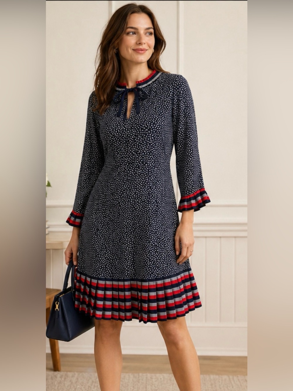 Boden Polka Dot Pleated Hem Dress UK 12P US 8P Navy Red Ruffle Trim Preppy Mini